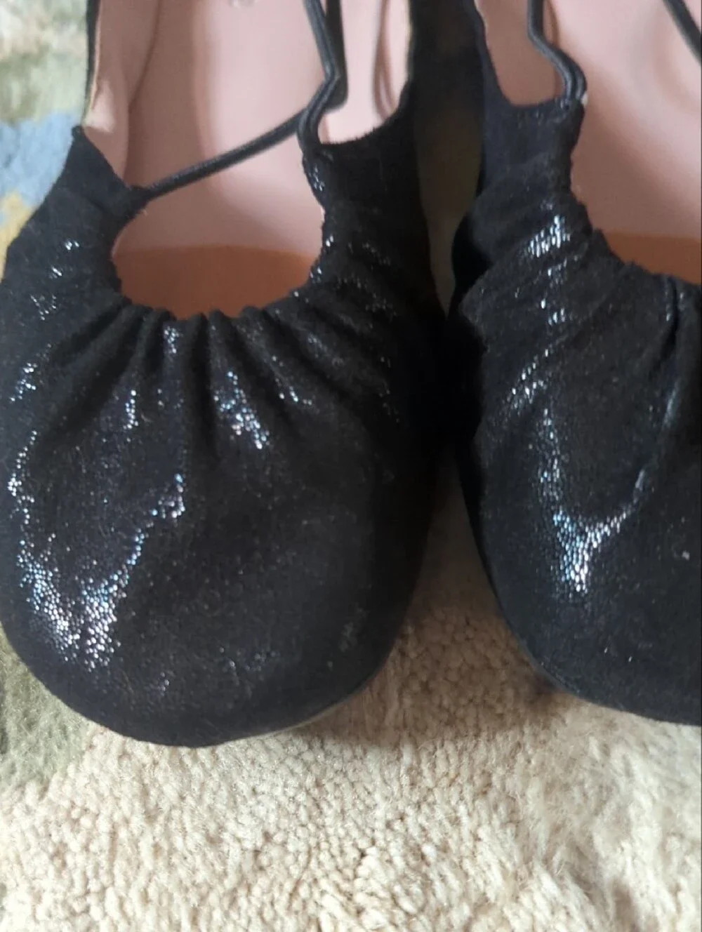 Taryn Rose Black Shimmery Ruched T-Strap Flats